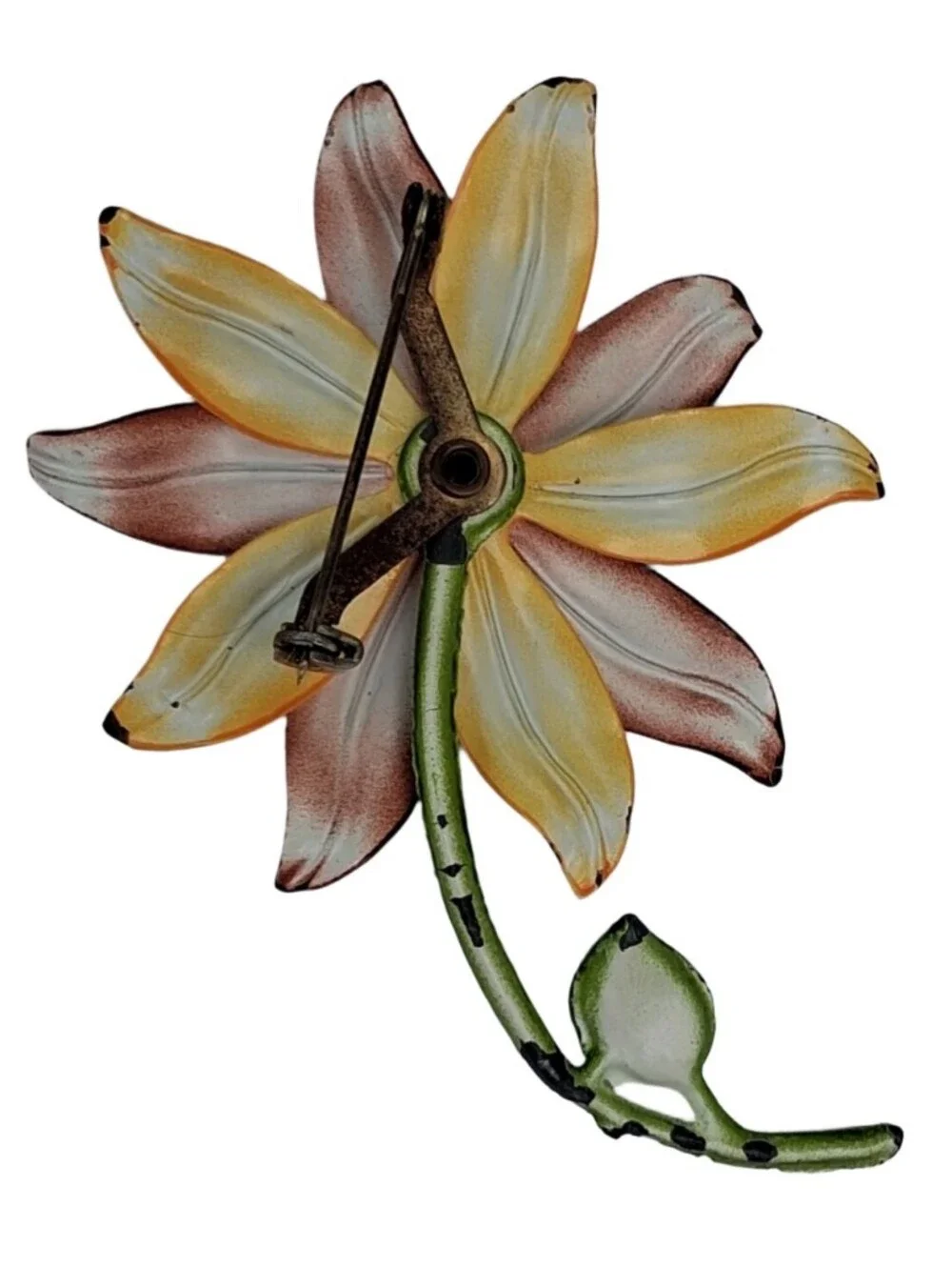VTG 1960s Enamel Flower Power Brooch Orange Brown Tiger Lily Stem Pin